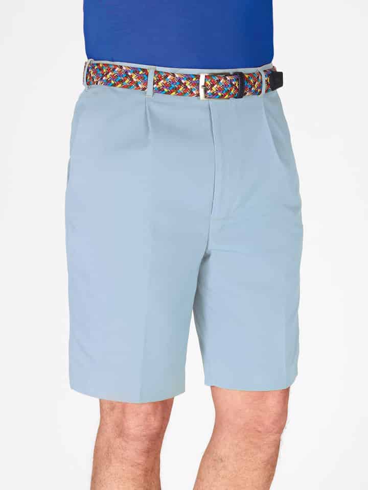 Model wears Men's Sky Blue Cotton Pleated Shorts
