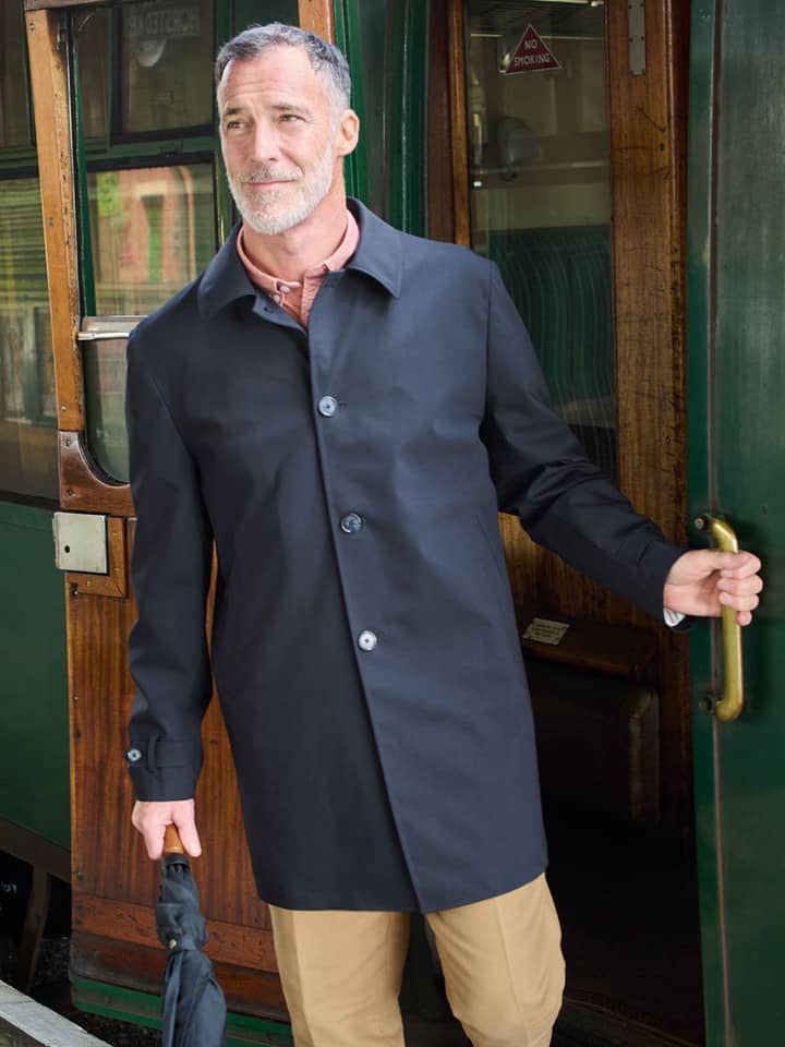 Men's Navy Luxury Wool Blend Mac Coat On Model