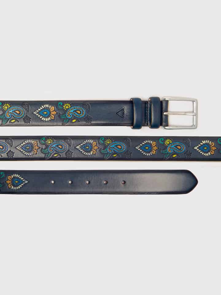 Navy Paisley Hand Painted Leather Belt Buckle Ends