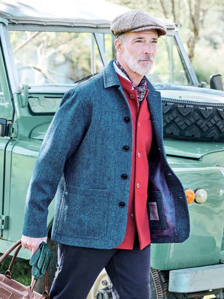 Blue Herringbone Harris Tweed Chore Jacket Model